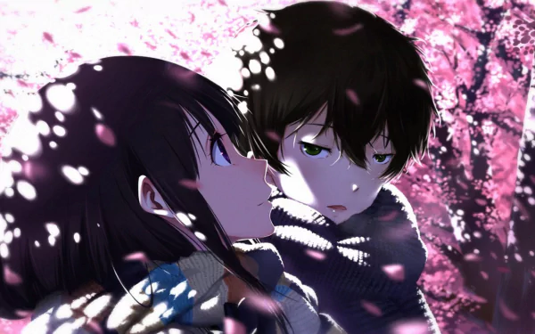 HD wallpaper of Hōtarō Oreki and Eru Chitanda from the anime Hyouka, surrounded by pink cherry blossoms.