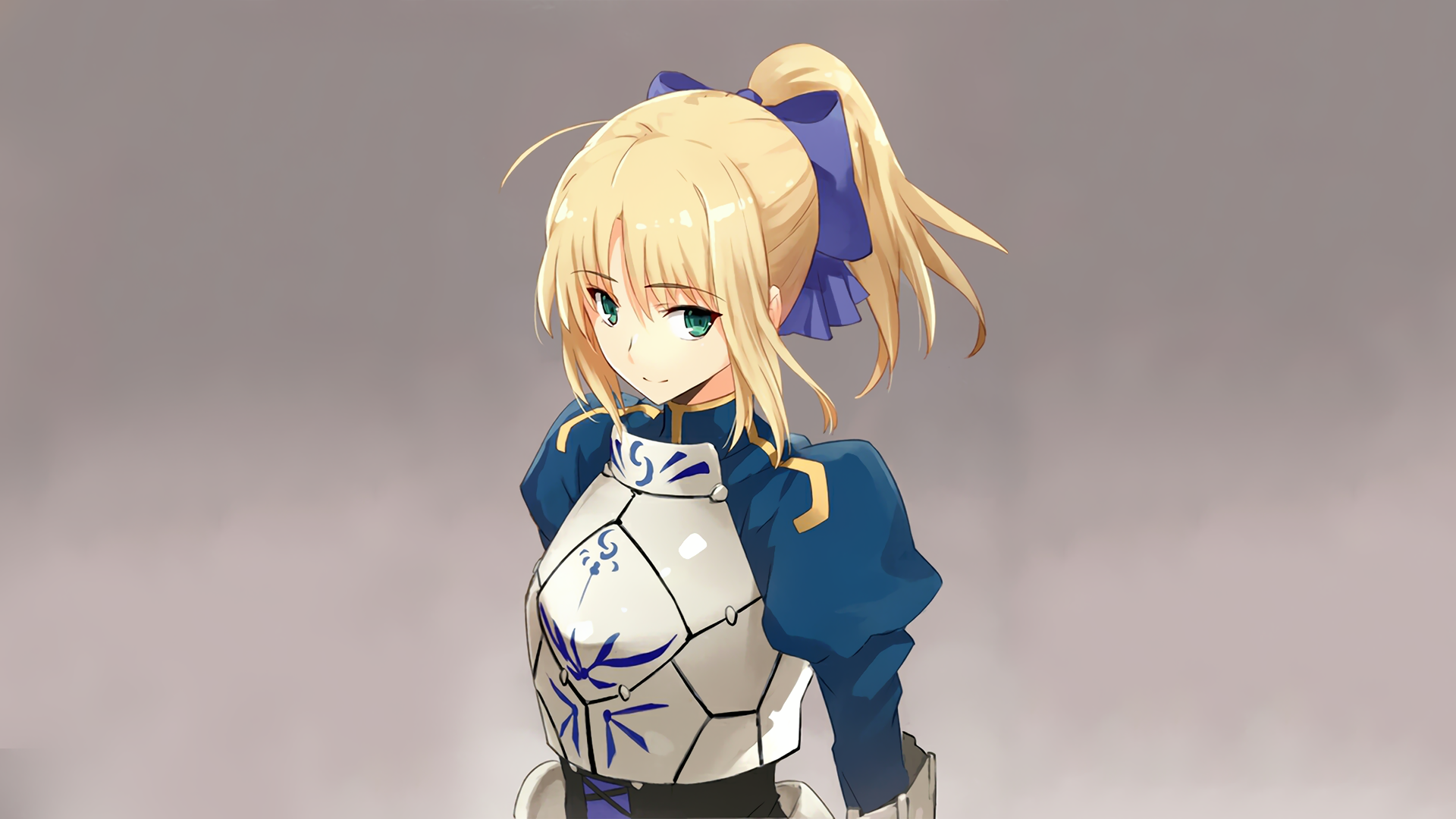 HD desktop wallpaper featuring Saber from the Fate Series anime, Fate/Stay Night. Saber is depicted in her iconic blue and white armor with a calm expression against a neutral background.