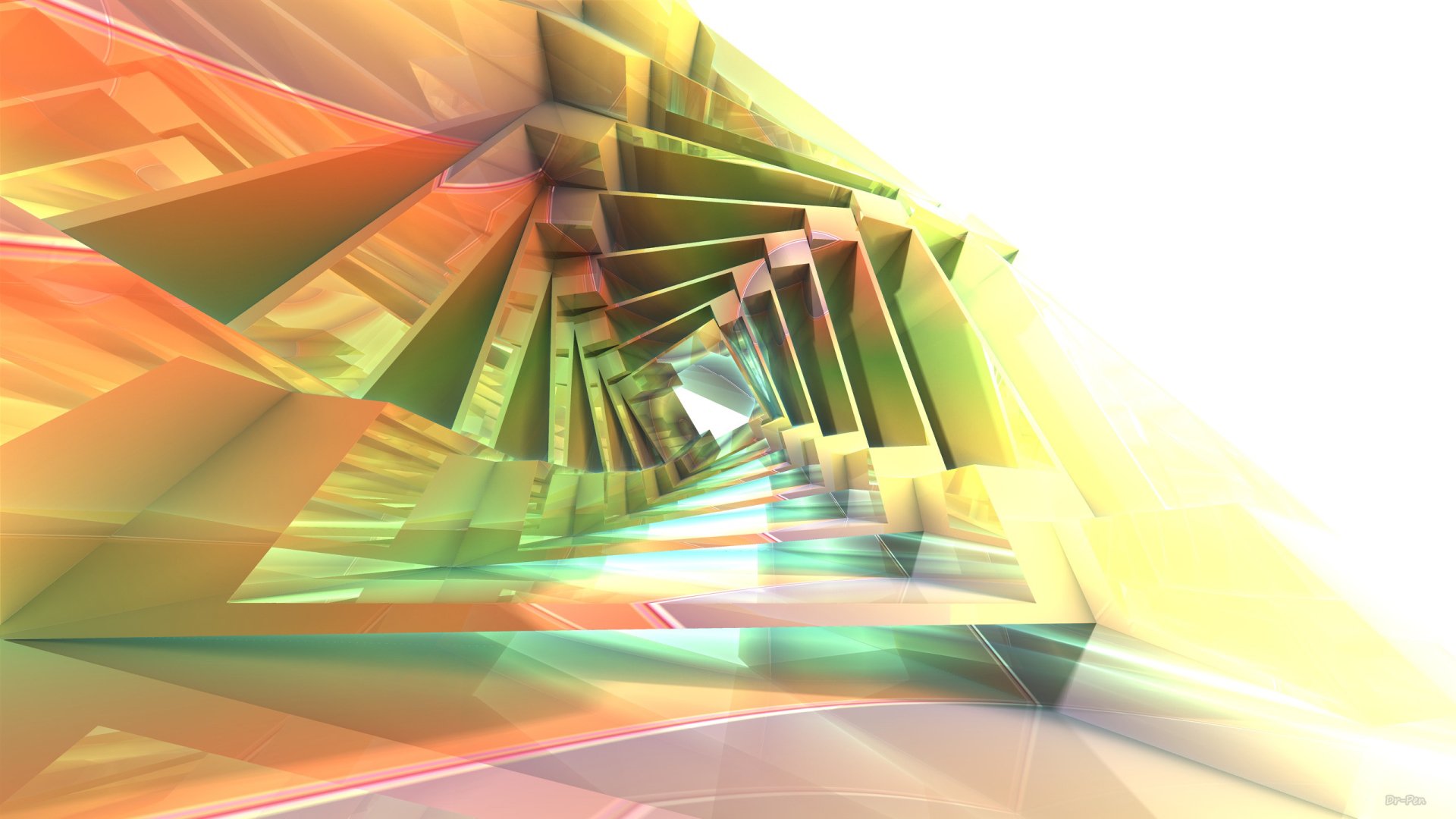 Abstract 3D fractal design created with Mandelbulb 3D, featuring geometric shapes in bright, colorful hues. The image has a white background and serves as an HD desktop wallpaper and background.