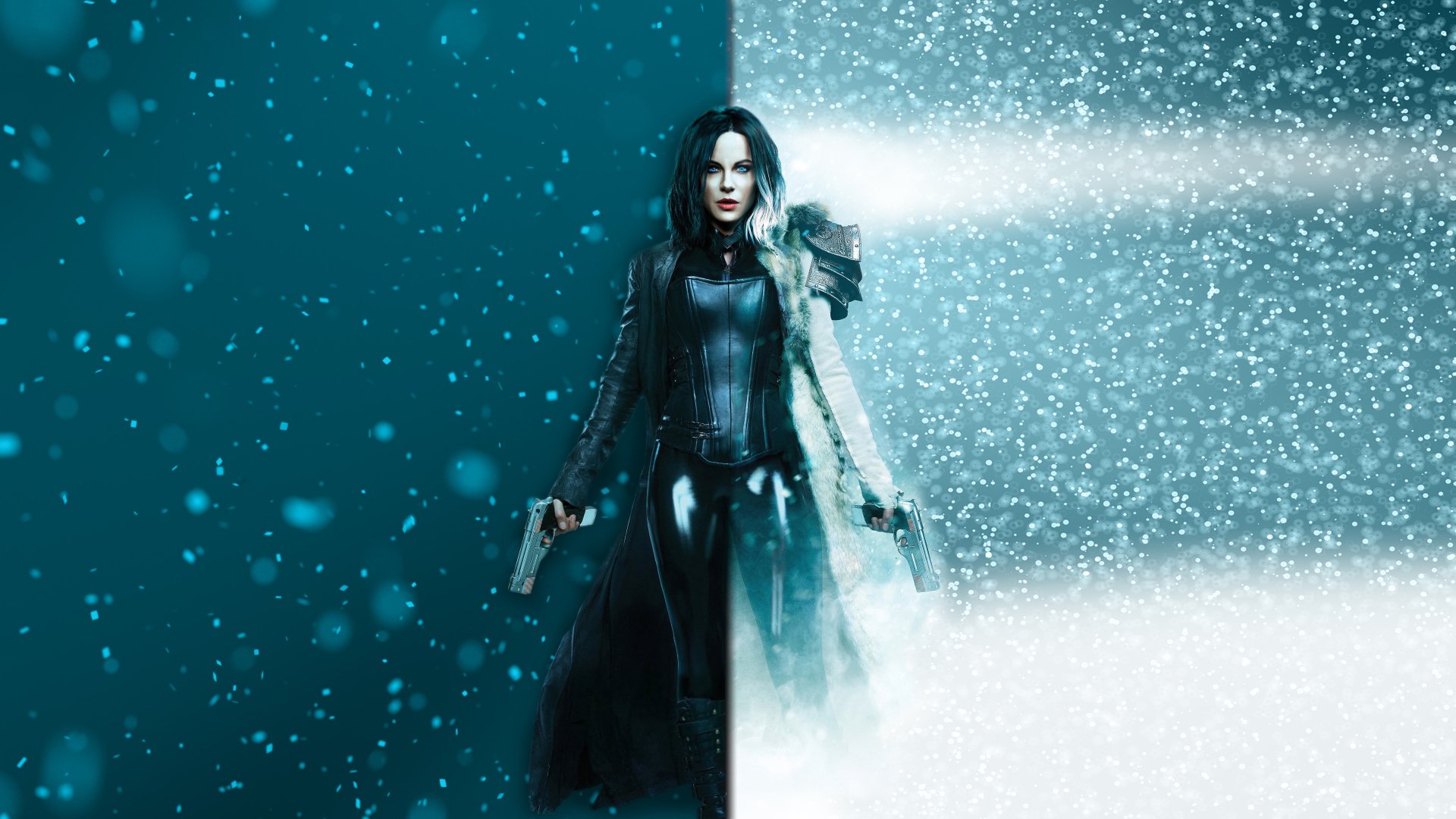 Kate Beckinsale as Selene from Underworld: Blood Wars stands in a snowy, dark blue 4K Ultra HD wallpaper background, dressed in black leather with guns drawn.