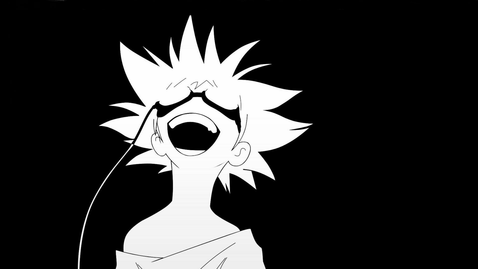HD PC desktop wallpaper, high-contrast Cowboy Bebop anime style: spiky-haired figure with goggles, head thrown back in a wide laugh, cable trailing against a black background.