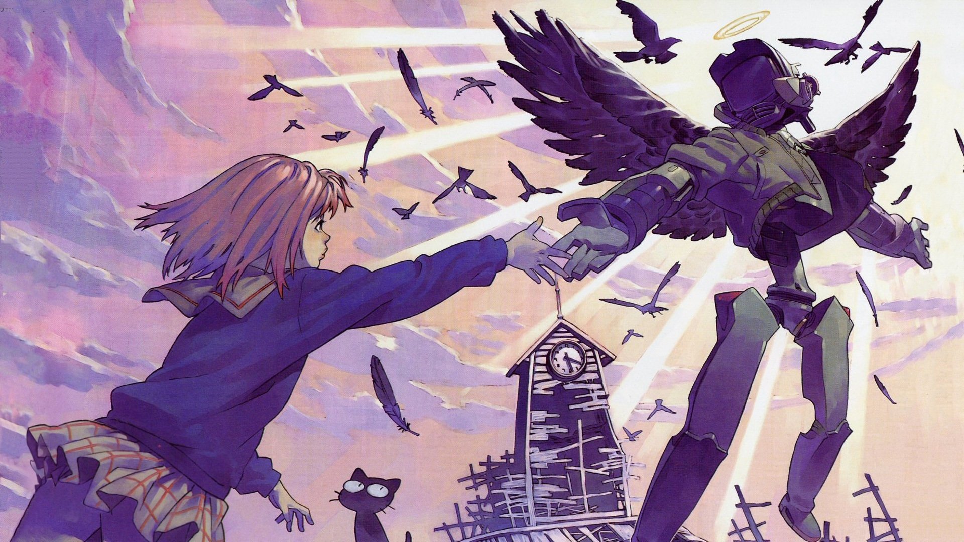 Mamimi Samejima from FLCL reaches for a winged robot as crows swirl around a clock tower and a small black cat; vibrant pastel sky — HD anime PC desktop wallpaper/background.