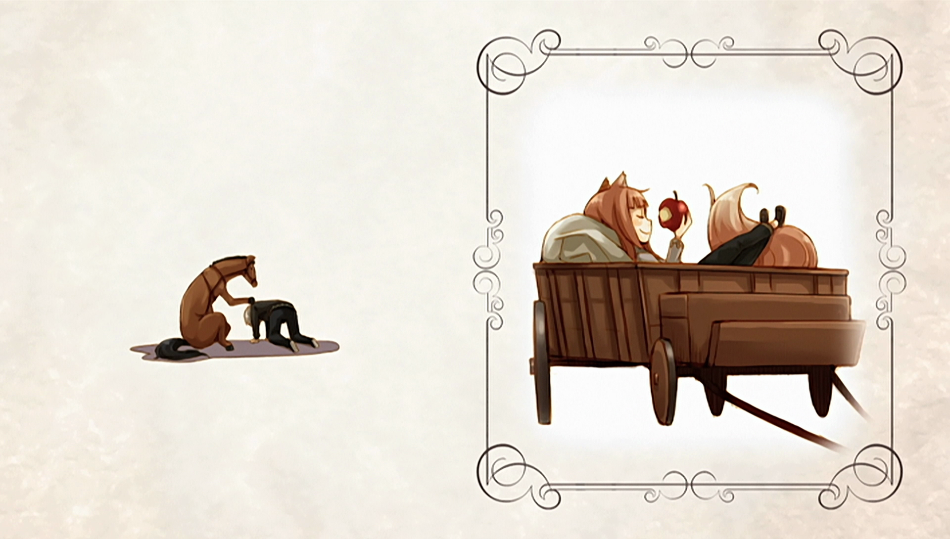 Anime-style HD desktop wallpaper featuring characters from Spice and Wolf, with a minimalist design and a framed scene of Holo and Lawrence relaxing on a cart.