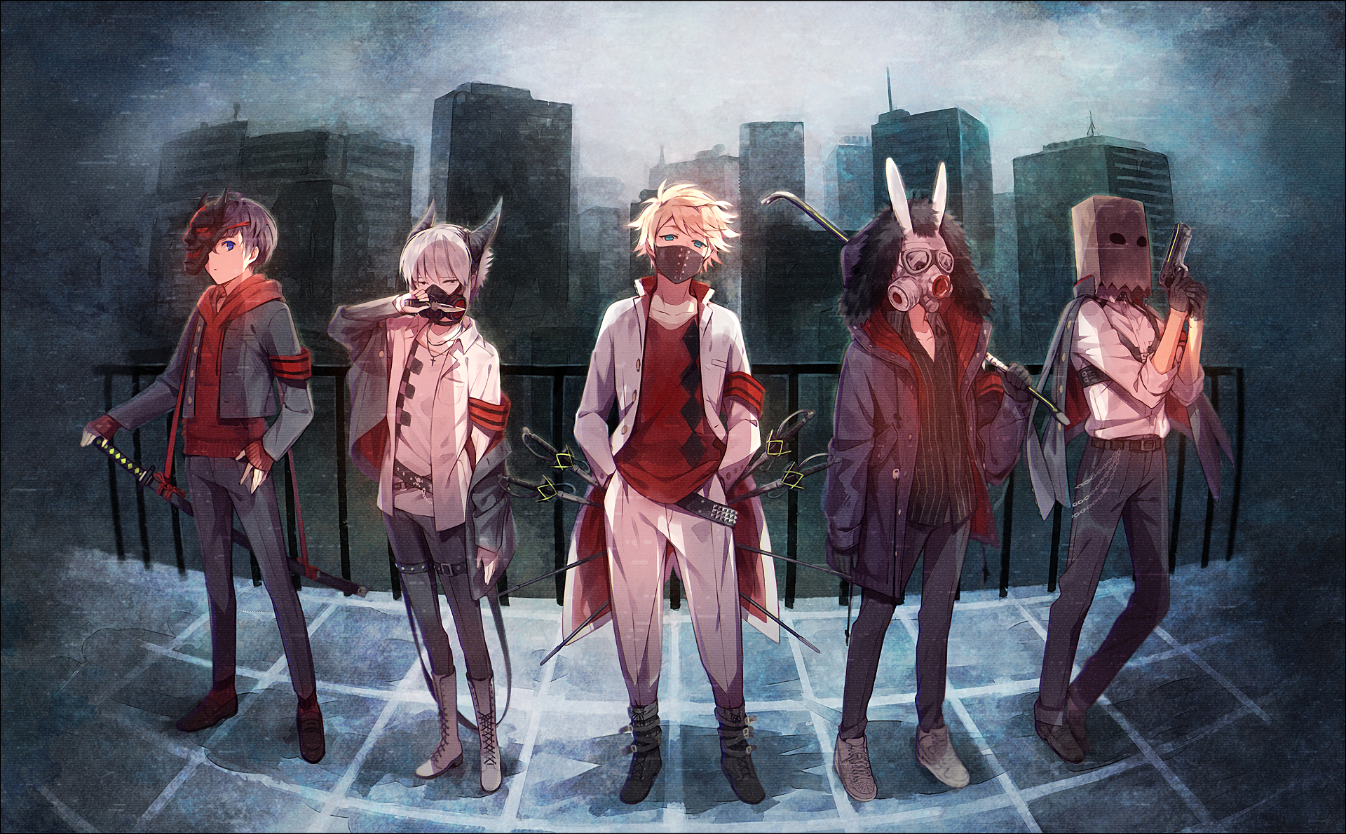 HD anime desktop wallpaper featuring five original characters standing on a rooftop with a cityscape background.