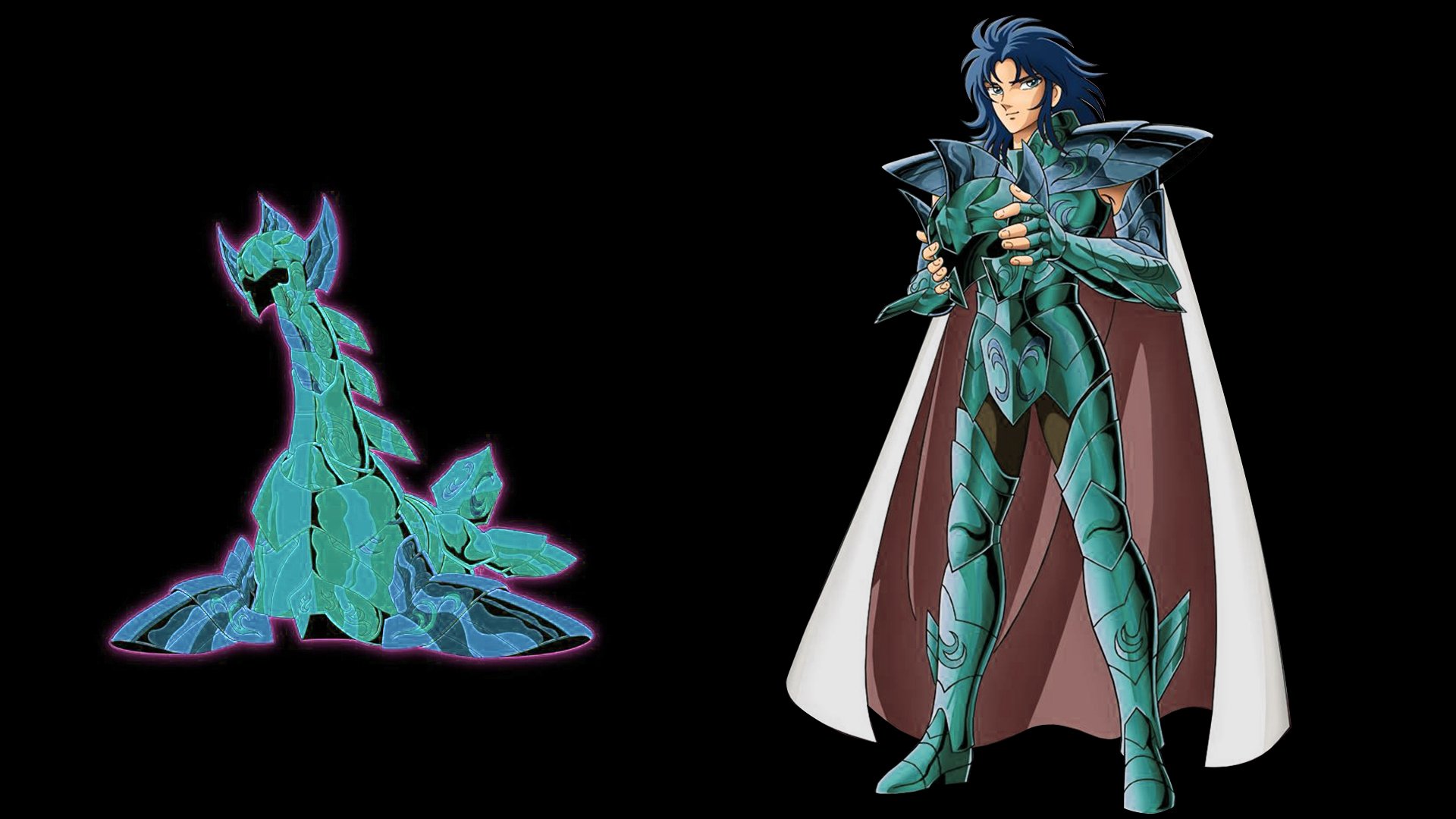 HD PC desktop wallpaper of Dragon Sea Kanon from Saint Seiya: armored blue-green anime warrior with flowing cape and a glowing spectral dragon on a black background.