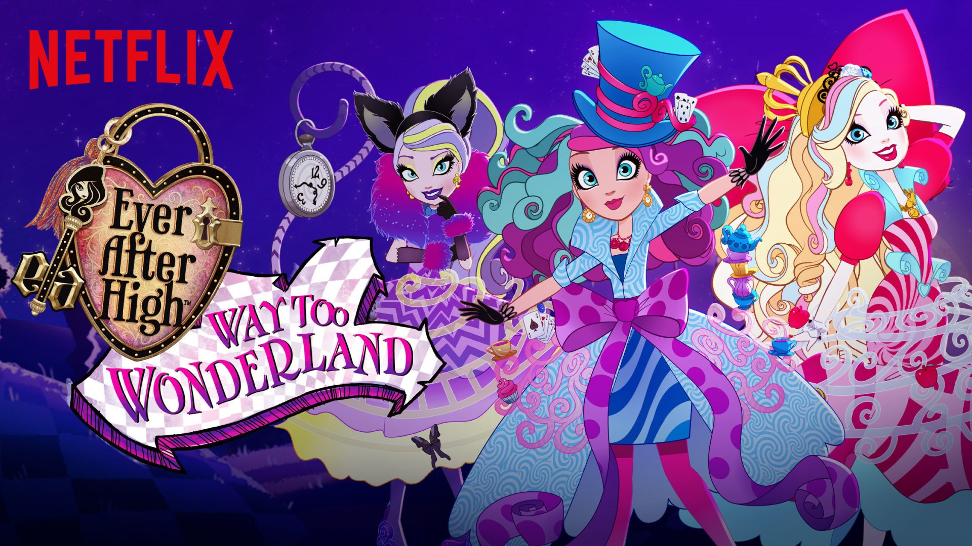 HD desktop wallpaper featuring Ever After High dolls in a fantasy fairy tale style, inspired by the Mattel TV show Way Too Wonderland on Netflix.