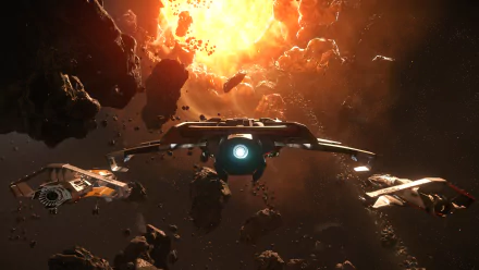 A HD desktop wallpaper featuring a spaceship navigating through an asteroid field with a brilliant sun in the background, inspired by the video game Star Citizen.