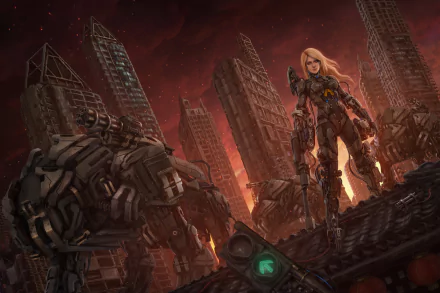 A blonde cyborg woman warrior with a weapon stands confidently amid a ruined futuristic cityscape, depicted in detailed 4K Ultra HD Sci-Fi artwork.