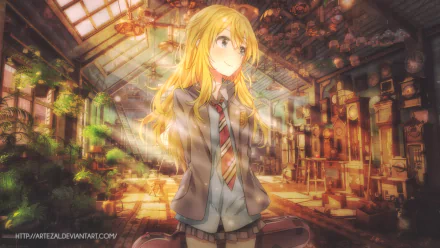 A vibrant HD wallpaper depicting Kaori Miyazono from the anime Your Lie in April, standing in a warmly-lit, cozy room with rays of sunlight streaming in through the windows.