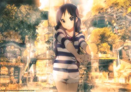 HD PC desktop wallpaper featuring Mio Akiyama from the anime K-ON! standing in a warmly lit, detailed urban setting with autumnal tones.