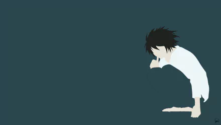 Minimalist HD PC desktop wallpaper featuring L from the anime Death Note, depicted in a crouched, contemplative pose against a dark teal background.