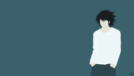 Minimalist HD PC desktop wallpaper featuring L from the anime Death Note, set against a solid muted blue background.