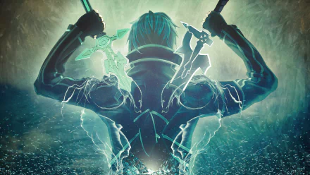 HD desktop wallpaper featuring Kazuto Kirigaya (Kirito) from Sword Art Online, showcasing an anime-styled image with Kirito holding two swords.