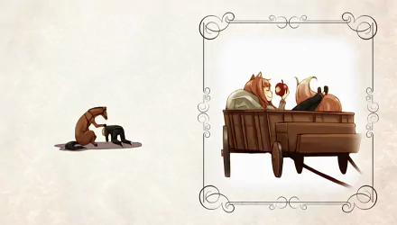 Anime-style HD desktop wallpaper featuring characters from Spice and Wolf, with a minimalist design and a framed scene of Holo and Lawrence relaxing on a cart.