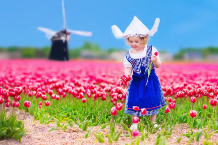 pink flower windmill field tulip depth of field traditional costume photography child HD Desktop Wallpaper | Background Image
