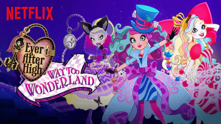 HD desktop wallpaper featuring Ever After High dolls in a fantasy fairy tale style, inspired by the Mattel TV show Way Too Wonderland on Netflix.