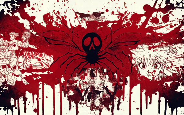 HD desktop wallpaper featuring the Phantom Troupe from the anime Hunter x Hunter. The artwork showcases the troupe members with a blood-red and black spider emblem in the center.