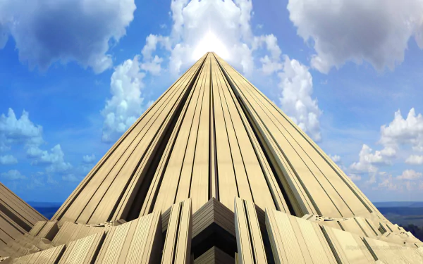 CGI 3D Mandelbulb fractal pyramid building rising against a blue sky with clouds — abstract architecture rendered as an HD PC desktop wallpaper background.