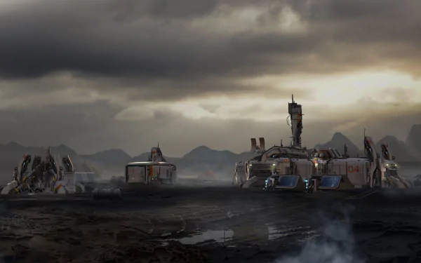 A detailed 4K Ultra HD PC desktop wallpaper featuring a Star Citizen outpost building set against a moody, cloudy sky in a sci-fi landscape.