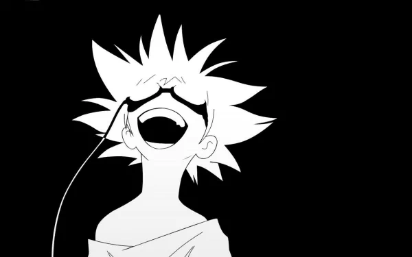 HD PC desktop wallpaper, high-contrast Cowboy Bebop anime style: spiky-haired figure with goggles, head thrown back in a wide laugh, cable trailing against a black background.