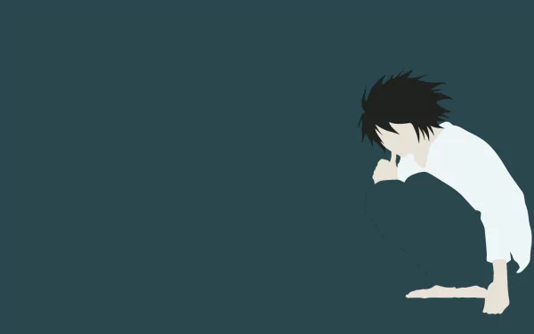 Minimalist HD PC desktop wallpaper featuring L from the anime Death Note, depicted in a crouched, contemplative pose against a dark teal background.
