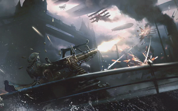 HD Assassin's Creed: Syndicate wallpaper — wartime aerial battle over Tower Bridge, London: zeppelins, warplanes, explosions and a soldier manning a machine gun.