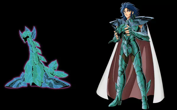 HD PC desktop wallpaper of Dragon Sea Kanon from Saint Seiya: armored blue-green anime warrior with flowing cape and a glowing spectral dragon on a black background.
