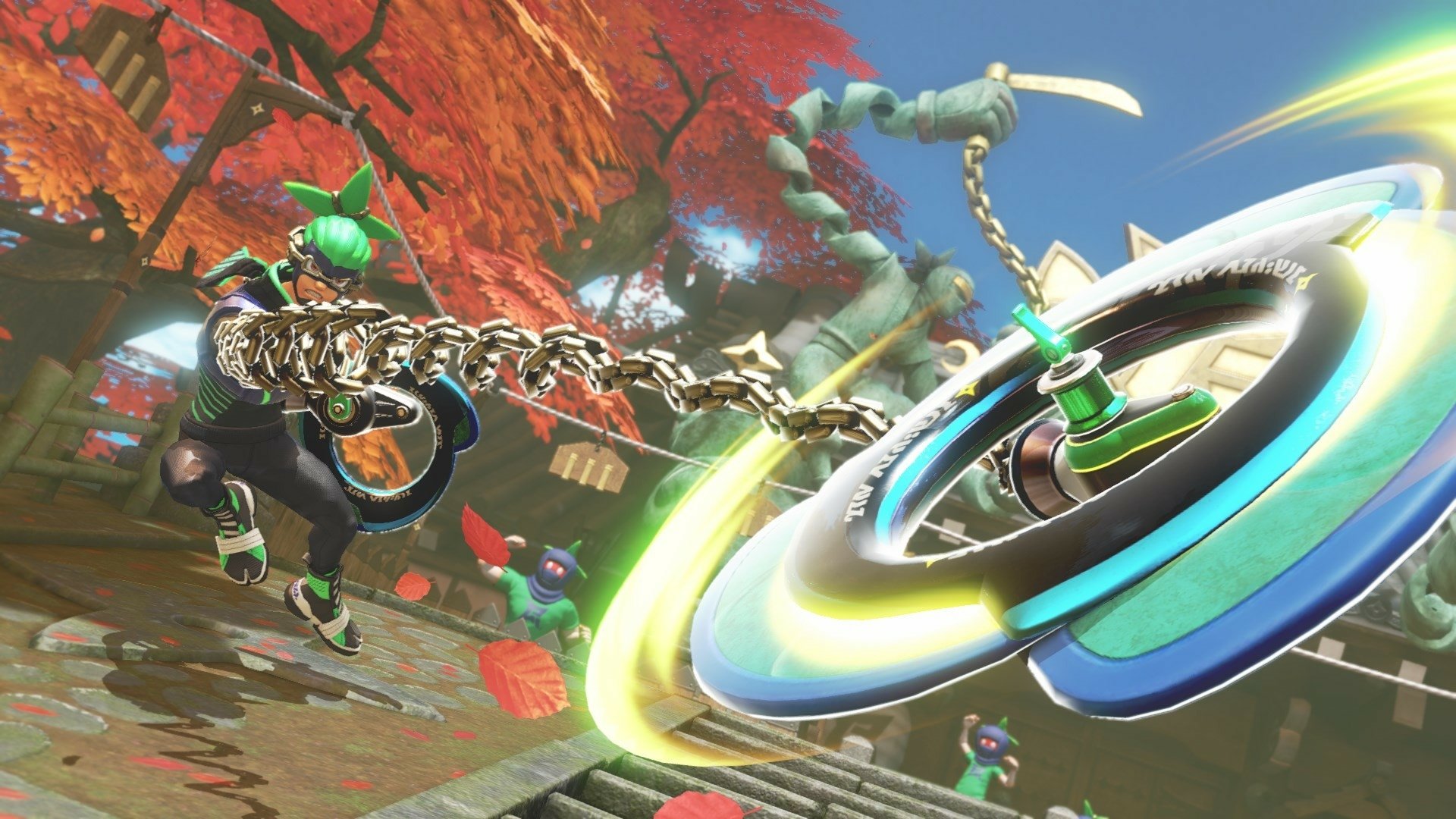 HD PC desktop wallpaper of Ninjara (Arms) from the video game Arms, lunging with chain arms toward a glowing spinning disc in an autumn arena background.