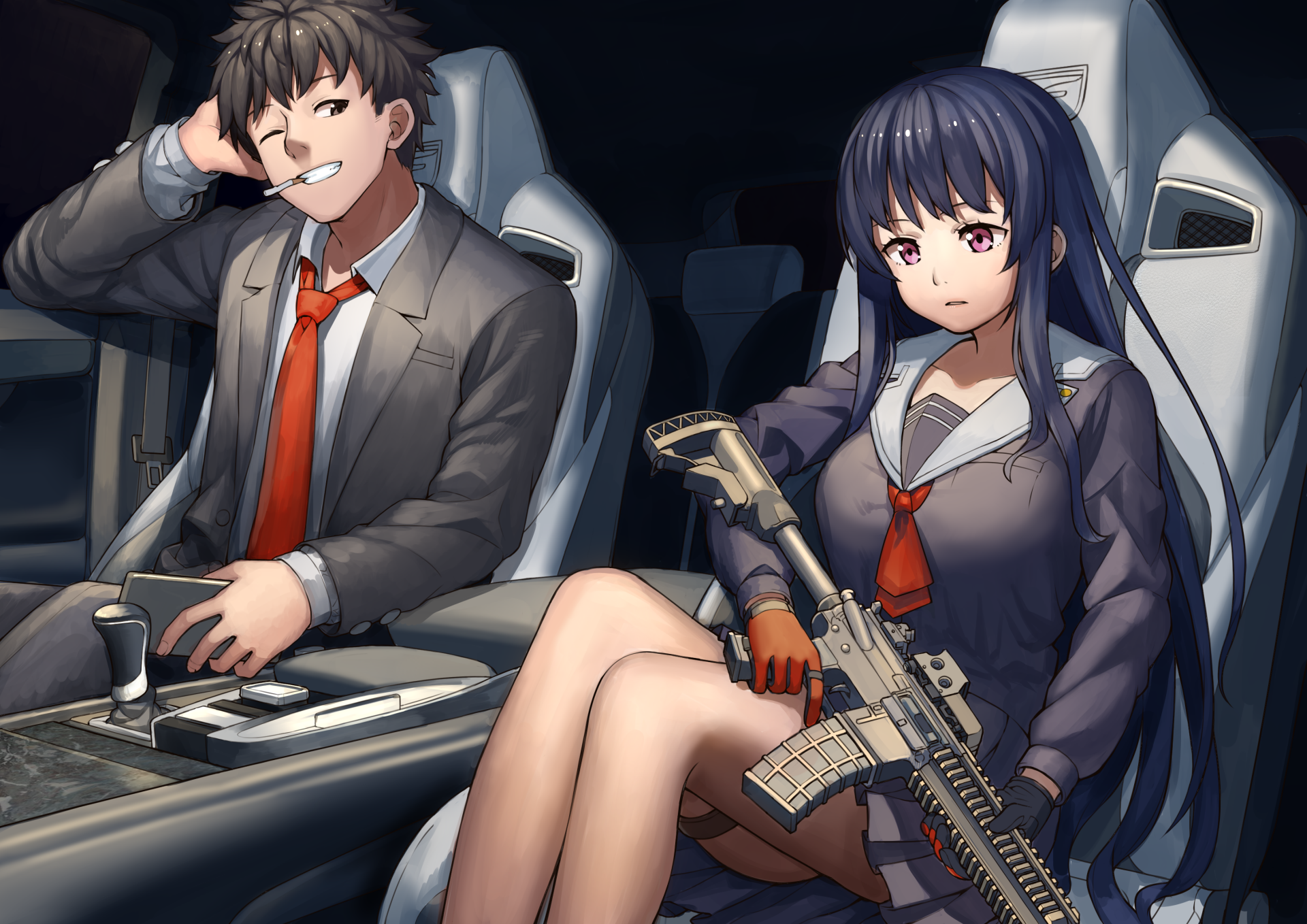 HD anime desktop wallpaper featuring a confident girl holding a gun and a relaxed man in a suit inside a car, capturing an original and dynamic scene.