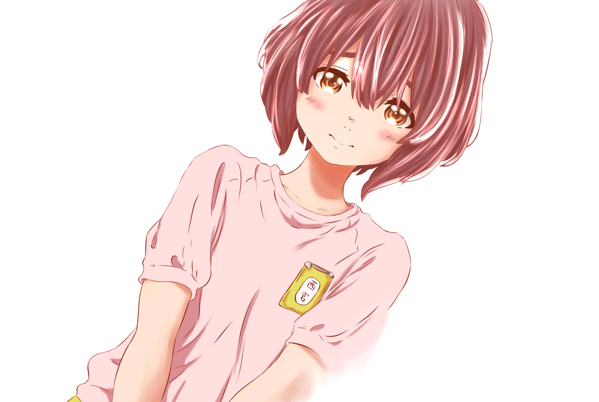 HD desktop wallpaper featuring Shouko Nishimiya from the anime A Silent Voice, showing her smiling gently, wearing a pink shirt against a white background.