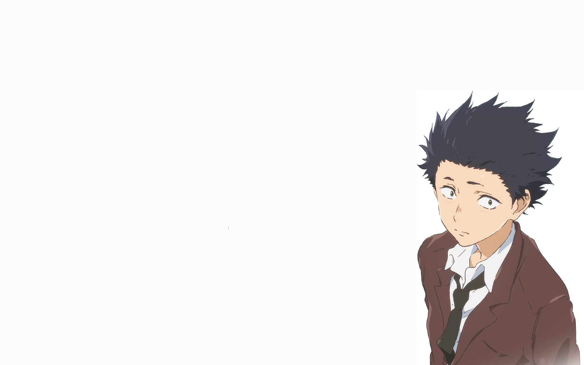 HD PC desktop wallpaper of Shouya Ishida from the anime A Silent Voice: anime portrait in school uniform at right against a wide pale background.