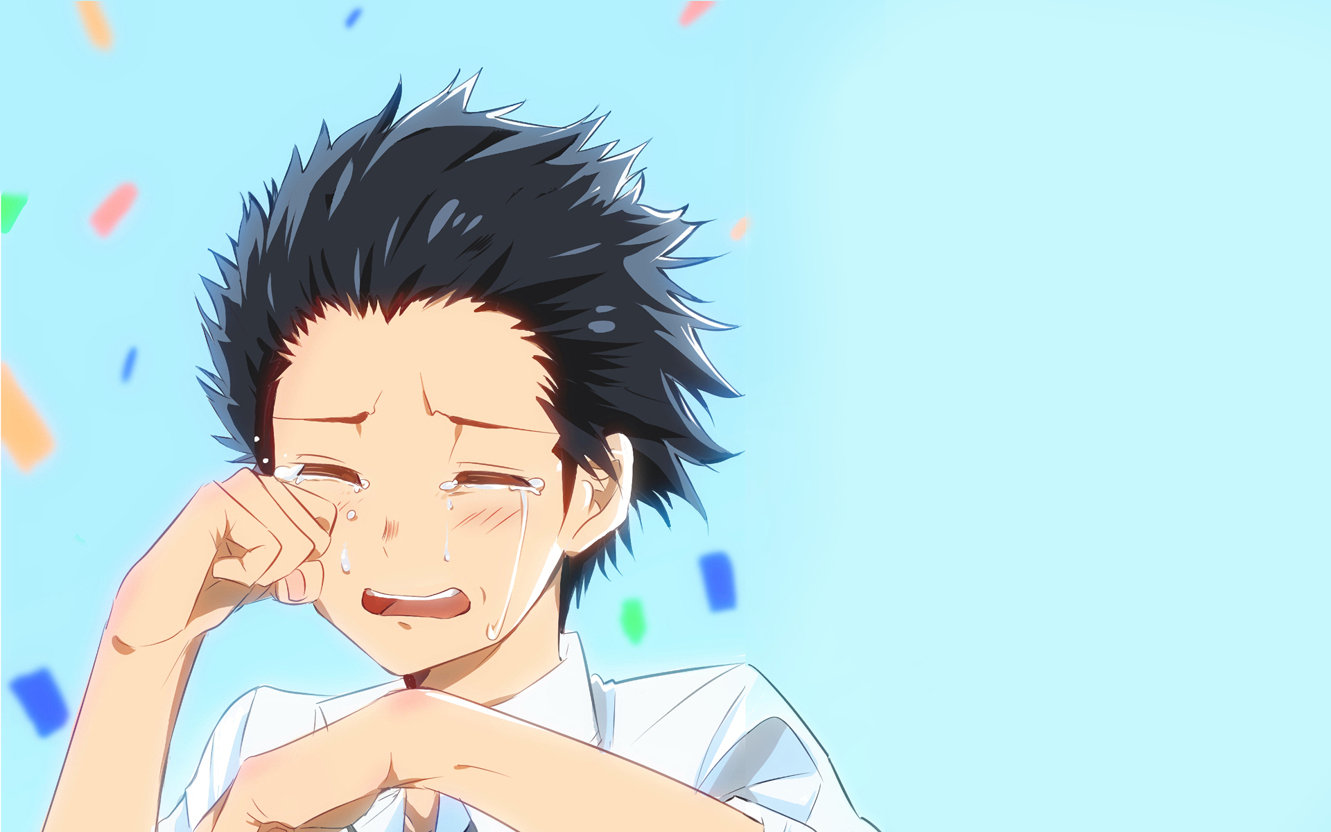 HD anime desktop wallpaper featuring Shouya Ishida from A Silent Voice, captured in a poignant moment with tears and colorful confetti against a light blue background.