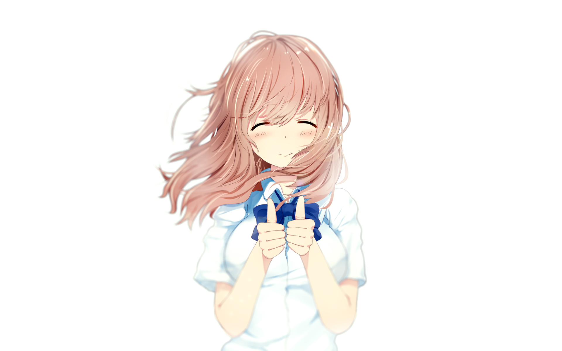 HD desktop wallpaper featuring Shouko Nishimiya from anime A Silent Voice, smiling with closed eyes, holding a blue ribbon against a white background.