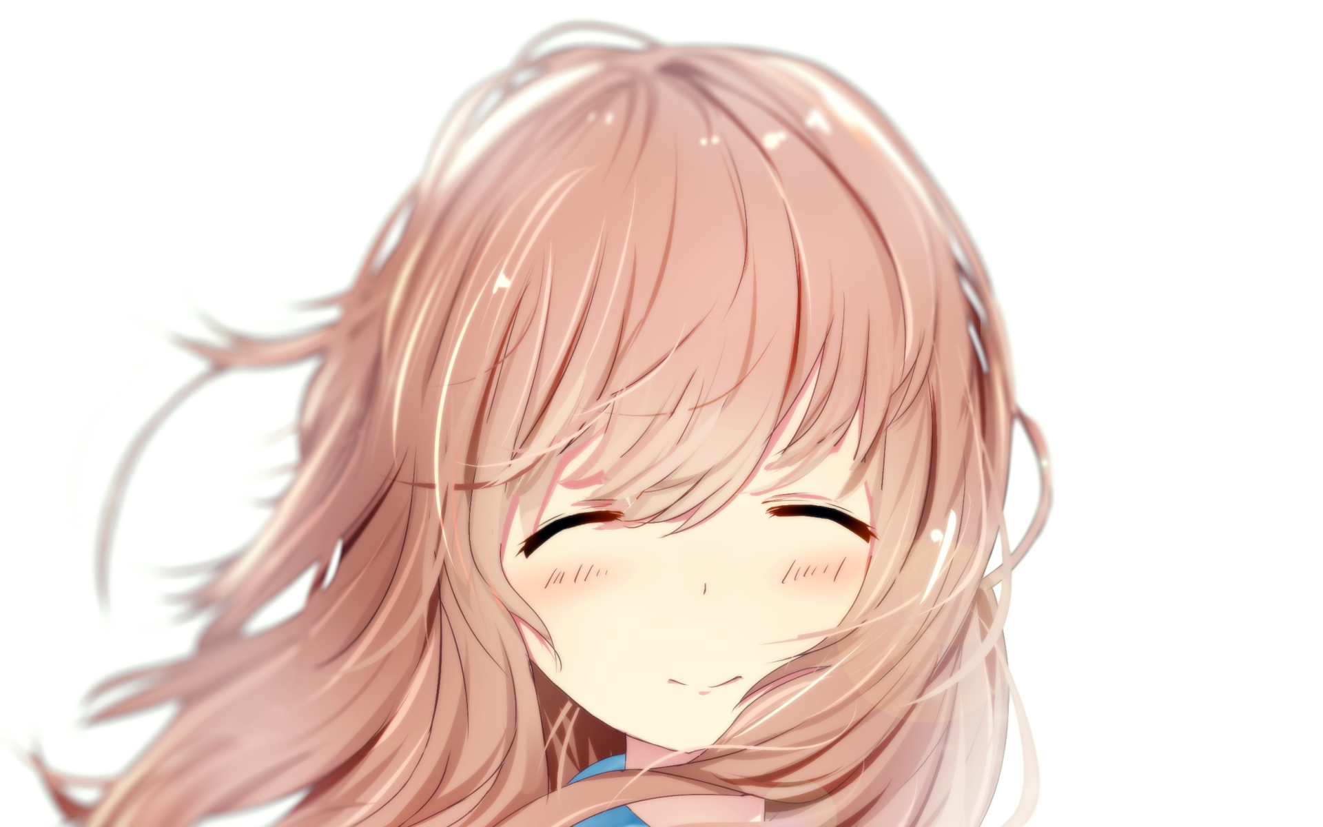 A HD desktop wallpaper featuring Shouko Nishimiya from the anime A Silent Voice, with her eyes closed and a gentle smile, her hair flowing softly.