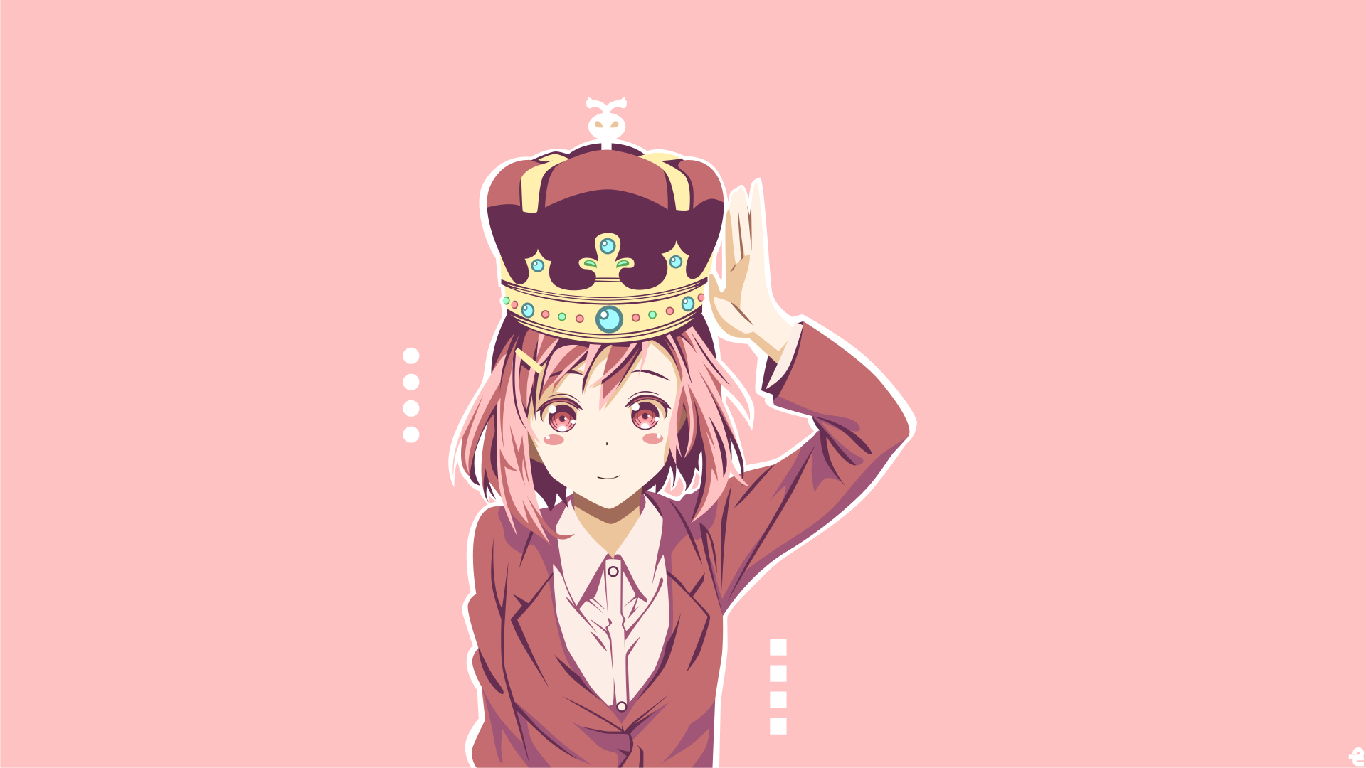 Anime character Yoshino Koharu from Sakura Quest wearing a crown on a pink background. HD wallpaper designed for desktop use.