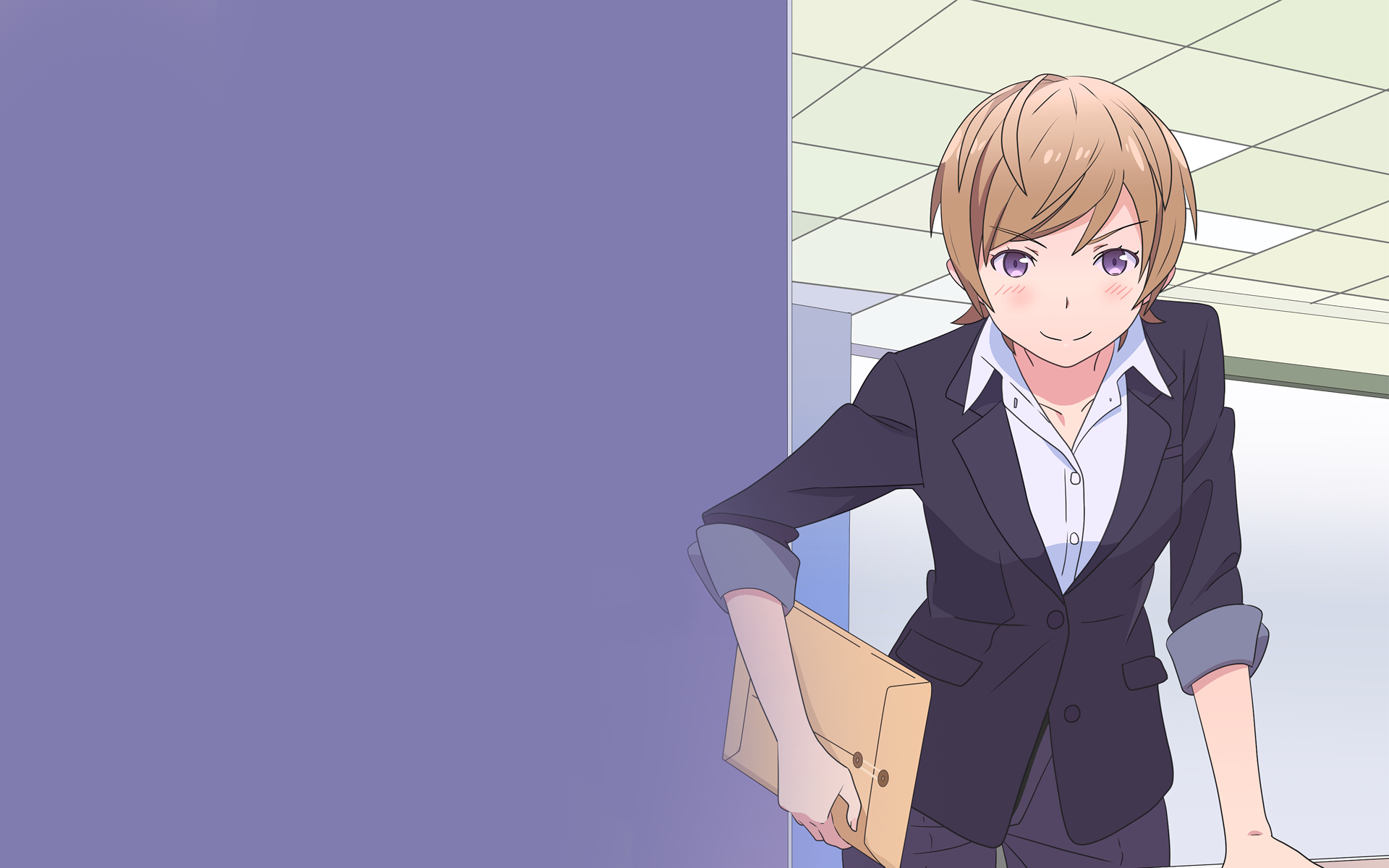 HD PC desktop wallpaper featuring Kagurazaka Ayame from the anime EroManga-Sensei, depicted in a professional outfit holding a folder in an office setting.