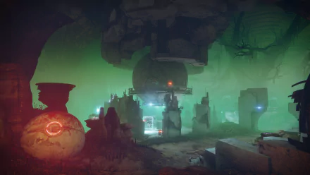 Destiny 2 video game 5K Ultra HD PC desktop wallpaper: eerie green-lit cavern ruins with a hovering orb, glowing red vases and distant sentinel lights.