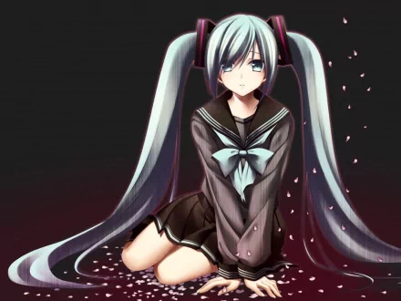 HD desktop wallpaper featuring Hatsune Miku from the Vocaloid series, illustrated in anime style, with long blue hair and wearing a dark sailor uniform, surrounded by petals on a dark background.