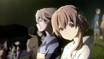 Two characters, Yae Nishimiya and Shouko Nishimiya, from the anime A Silent Voice, are depicted in this HD desktop wallpaper. They are wearing traditional attire and appear to be at an outdoor event.
