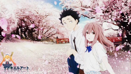 HD wallpaper featuring Shouko Nishimiya and Shouya Ishida from the anime A Silent Voice standing among blooming cherry blossom trees.