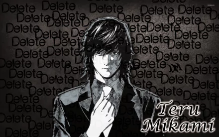 HD desktop wallpaper featuring Teru Mikami from the anime Death Note, with a dark background covered in the word Delete.