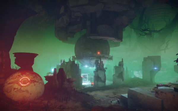 Destiny 2 video game 5K Ultra HD PC desktop wallpaper: eerie green-lit cavern ruins with a hovering orb, glowing red vases and distant sentinel lights.