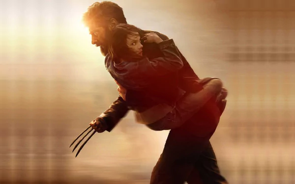 HD desktop wallpaper of Hugh Jackman as Wolverine carrying Dafne Keen as X-23 from the movie Logan, with a dramatic light effect in the background.