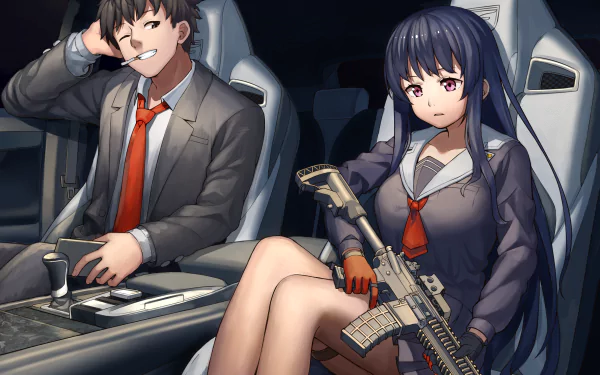 HD anime desktop wallpaper featuring a confident girl holding a gun and a relaxed man in a suit inside a car, capturing an original and dynamic scene.