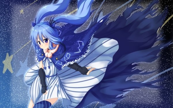 Anime Vocaloid Hatsune Miku Long Hair Twintails Blue Hair Blue Eyes Blush Dress Star Night Thigh Highs HD Wallpaper | Background Image