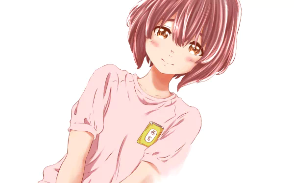 HD desktop wallpaper featuring Shouko Nishimiya from the anime A Silent Voice, showing her smiling gently, wearing a pink shirt against a white background.