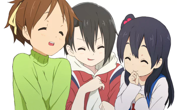 HD PC desktop wallpaper showing anime crossover: Yuzuru Nishimiya, Anko Kitashirakawa, and Ui Hirasawa smiling together, close embrace on a clean white background.