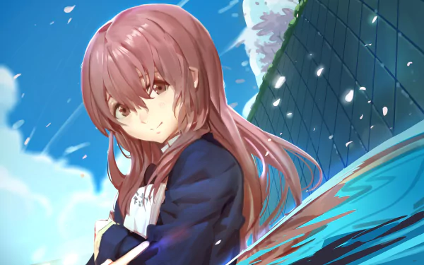 HD anime desktop wallpaper featuring Shouko Nishimiya from A Silent Voice, with vibrant blue skies and cherry blossom petals floating around.