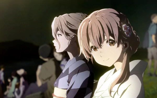 Two characters, Yae Nishimiya and Shouko Nishimiya, from the anime A Silent Voice, are depicted in this HD desktop wallpaper. They are wearing traditional attire and appear to be at an outdoor event.