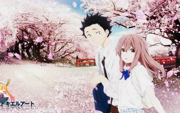 HD wallpaper featuring Shouko Nishimiya and Shouya Ishida from the anime A Silent Voice standing among blooming cherry blossom trees.